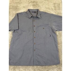 Patagonia Mens XL Short Sleeve Button Down Shirt Grey Blue Plaid Textured Pucker
